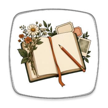 Journaling - Notizbuch mit Blumen und Bleistift - Viereckiger Kühlschrankmagnet - Weiß - Vorne