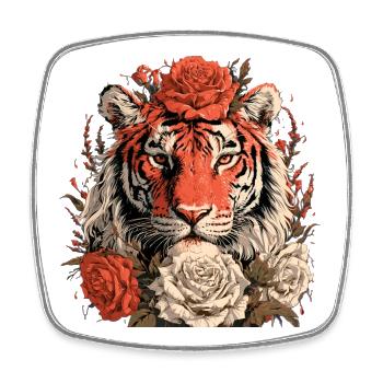 Tiger mit Blumenkrone - Viereckiger Kühlschrankmagnet - Weiß - Vorne