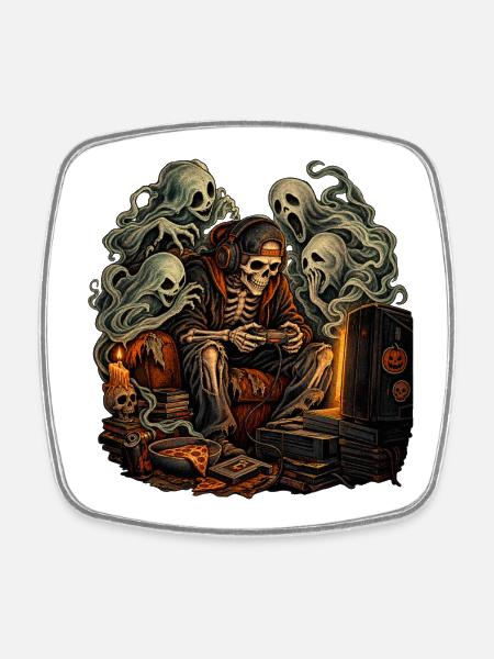 Gruseliger Gamer Skelett Halloween - Viereckiger Kühlschrankmagnet - Weiß