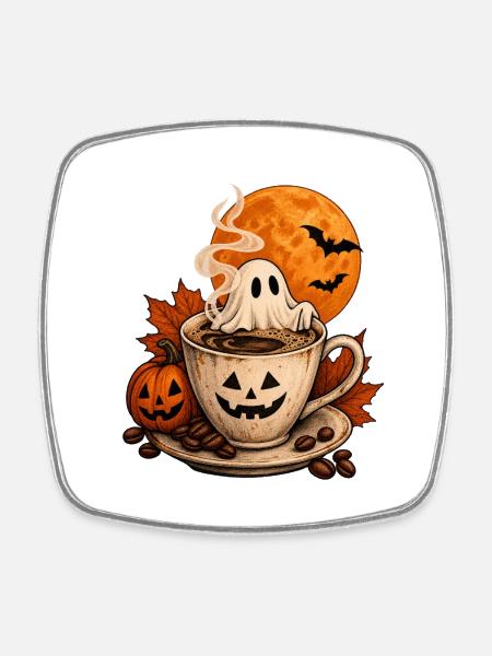 Halloween-Kaffee mit Spuk und Kürbiszauber - Viereckiger Kühlschrankmagnet - Weiß