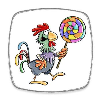 Huhn mit Lolli - Hahn - Henne - Lutscher - Essen - Viereckiger Kühlschrankmagnet - Weiß - Vorne