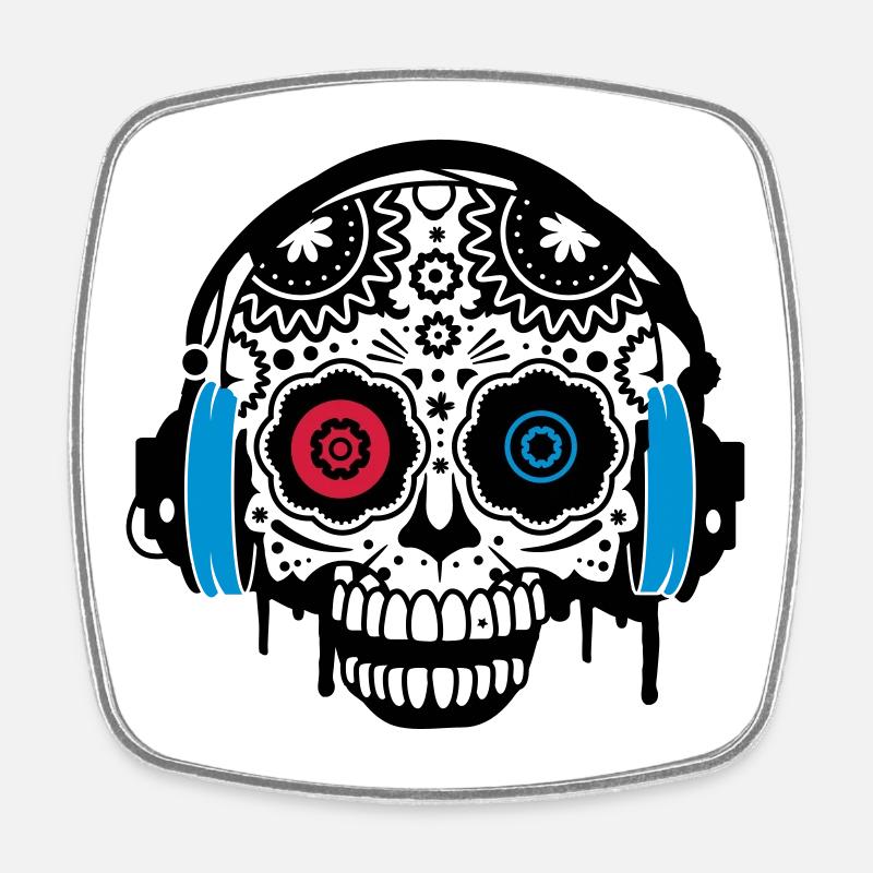 Sugar Skull mit Kopfhörer - Viereckiger Kühlschrankmagnet - Weiß