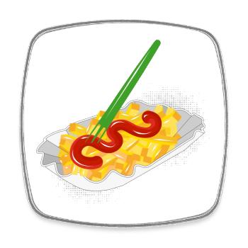 Pommes mit Ketschup in der Pappschale und Gabel - Viereckiger Kühlschrankmagnet - Weiß - Vorne