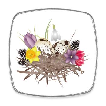 Nid de printemps avec des œufs, des plumes et des fleurs de printemps - Magnet carré - blanc - Devant