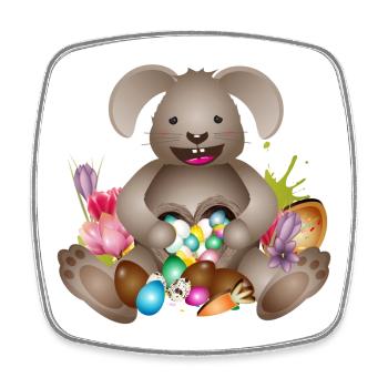 lachender Osterhase mit Osternest voller Ostereier - Viereckiger Kühlschrankmagnet - Weiß - Vorne