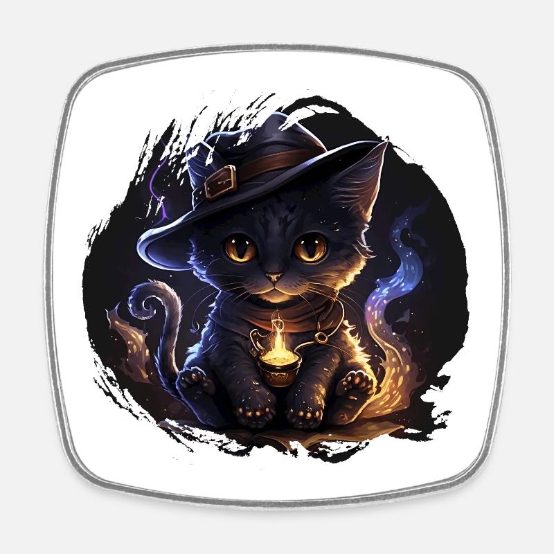 Mystical Witch Cat with Magic Hat - Square fridge magnet - white