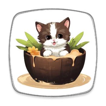 Katze mit Kokosnuss, Süßes Sommerdesign - Viereckiger Kühlschrankmagnet - Weiß - Vorne