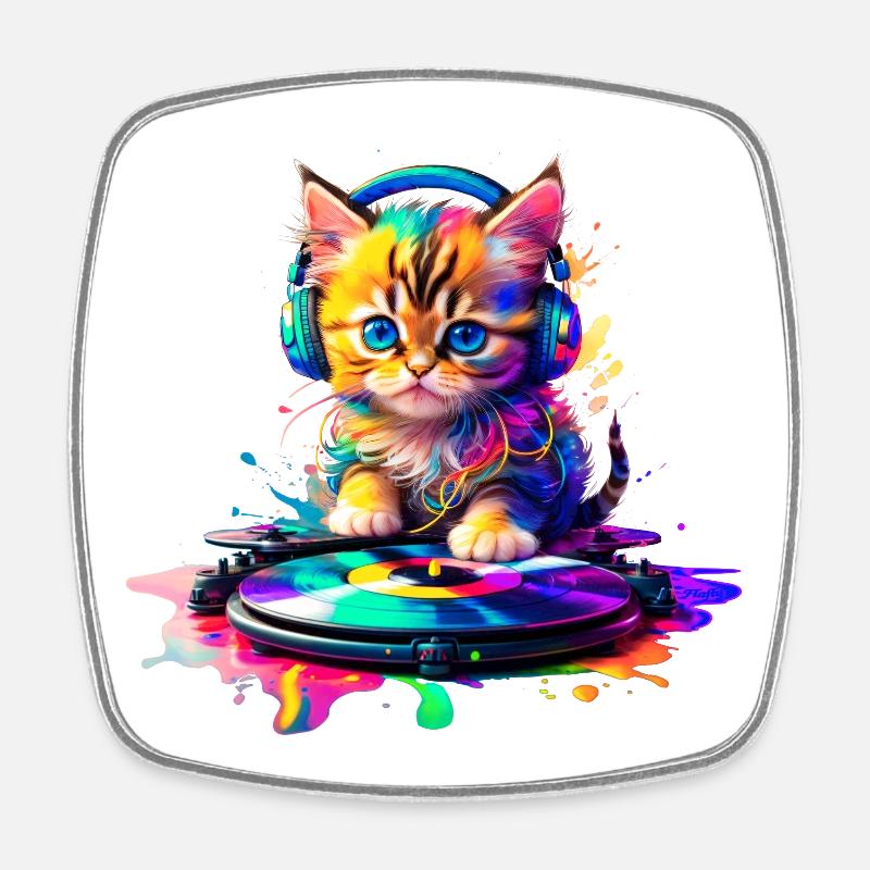 Chaton DJ - Arc-en-ciel 2 - Magnet carré - blanc