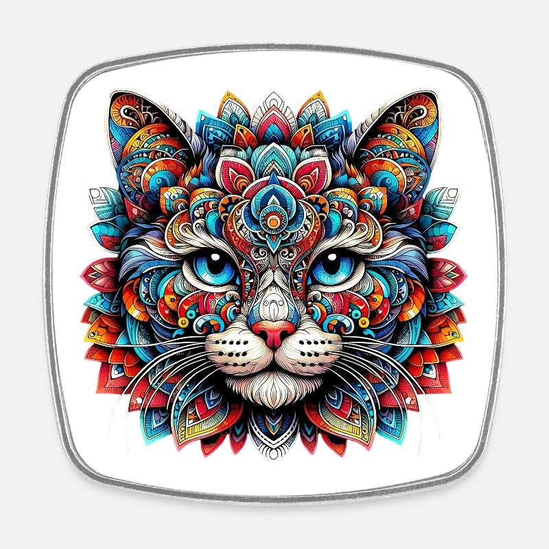 Chat décoré de Mandalas - Magnet carré - blanc