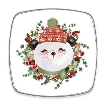 Petit ours panda en couronne de mélèze pour Noël - Magnet carré - blanc - Devant