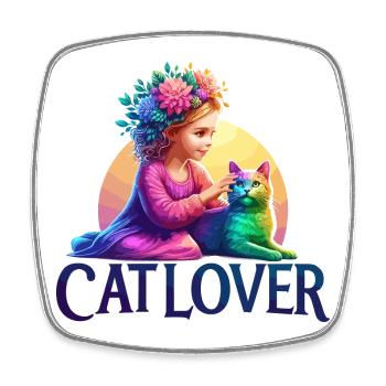 Skurriles Mädchen und Regenbogenkatze Illustration - Viereckiger Kühlschrankmagnet - Weiß - Vorne