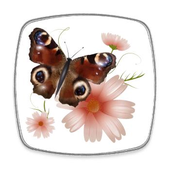 Papillon paon oeil avec des fleurs roses - Magnet carré - blanc - Devant