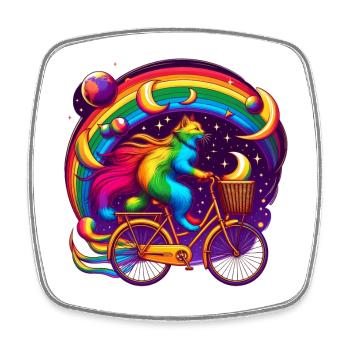 Katze auf einem Fahrrad in Regenbogenfarben - Viereckiger Kühlschrankmagnet - Weiß - Vorne
