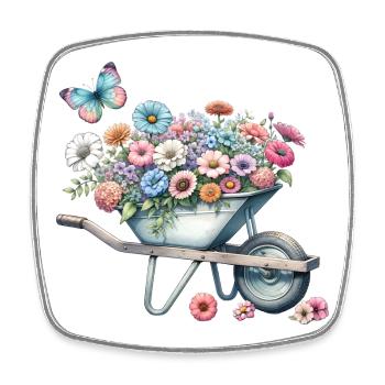 Schubkarre gefüllt mit pastellfarbenen Blumen - Viereckiger Kühlschrankmagnet - Weiß - Vorne