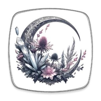 Mondsichel in Silber, mit Kristalle und Blumen - Viereckiger Kühlschrankmagnet - Weiß - Vorne