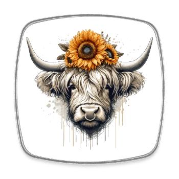 Highland Beauty - Hochland Rind mit Sonnenblumen - Viereckiger Kühlschrankmagnet - Weiß - Vorne