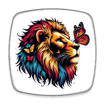 Lion et papillon - Magnet carré - blanc - Devant
