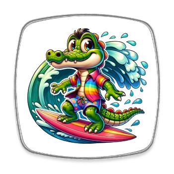 Crocodile on surfboard funny surfing crocodile - Square fridge magnet - white - Front