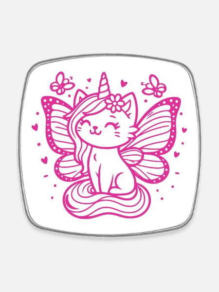 Winged Unicorn Cat (pink) - Square fridge magnet - white
