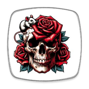 Crâne avec des roses rouges, des vrilles de rose et une souris - Magnet carré - blanc - Devant