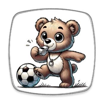 Bär & Trillerpfeife, der mit einem Fußball spielt - Viereckiger Kühlschrankmagnet - Weiß - Vorne