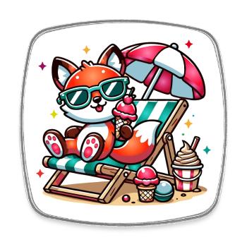 fröhlicher Cartoon-Fuchs am Strand auf einer Liege - Viereckiger Kühlschrankmagnet - Weiß - Vorne