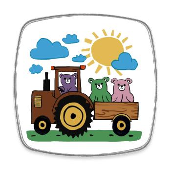 Three funny teddy bears ride the tractor - Square fridge magnet - white - Front