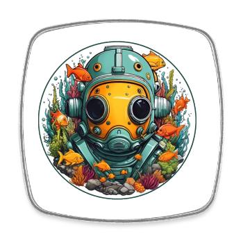 Diving helmet with fish on the bottom of the sea - Square fridge magnet - white - Front