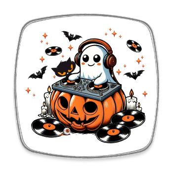Joyeux fantôme d’Halloween en tant que DJ sur une citrouille - Magnet carré - blanc - Devant