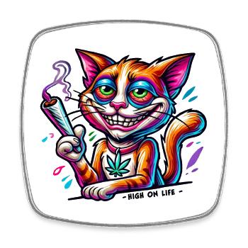 High Cat - High on live - Square fridge magnet - white - Front
