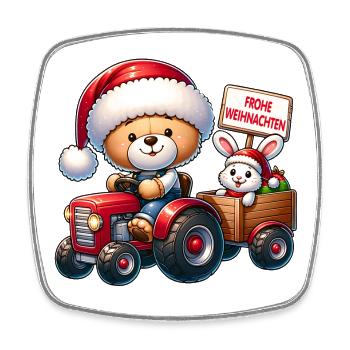 Teddy als Weihnachtsmann mit Traktor und Häschen. - Viereckiger Kühlschrankmagnet - Weiß - Vorne