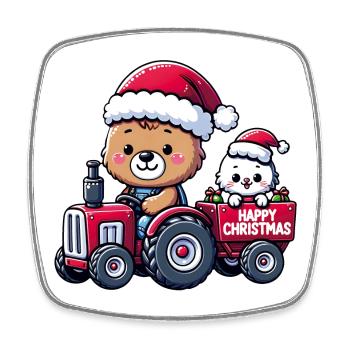 Teddy als Weihnachtsmann mit Traktor und Katze - Viereckiger Kühlschrankmagnet - Weiß - Vorne
