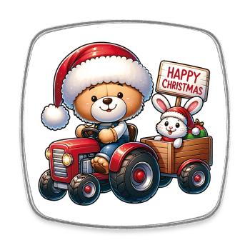 ours en peluche de Noël et lapin mignon dans un tracteur - Magnet carré - blanc - Devant
