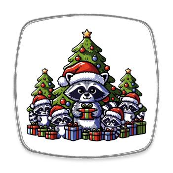 Raccoon family with Christmas tree and gifts - Square fridge magnet - white - Front