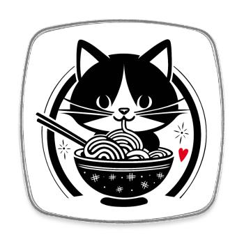 Kawaii Cat Eats Ramen - Design japonais mignon - Magnet carré - blanc - Devant