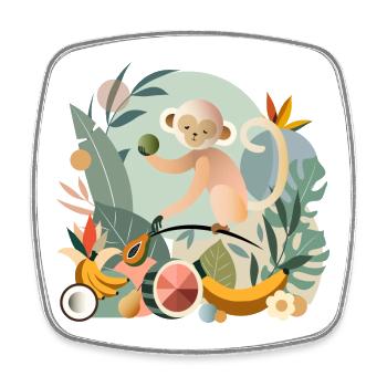 Playful monkey with tropical fruits - Square fridge magnet - white - Front