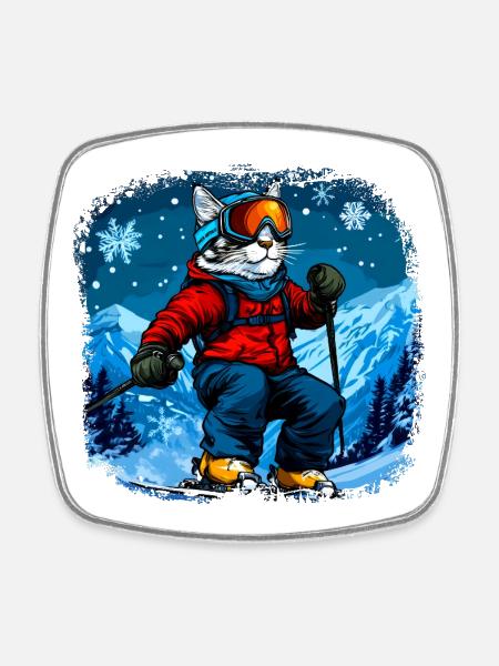 Cat Skis - Square fridge magnet - white