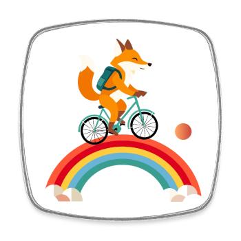 Fröhlicher Fuchs auf Fahrrad über Regenbogen - Viereckiger Kühlschrankmagnet - Weiß - Vorne