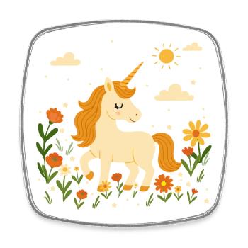 Einhorn auf Blumenwiese –Fröhliche Szene mit Sonne - Viereckiger Kühlschrankmagnet - Weiß - Vorne