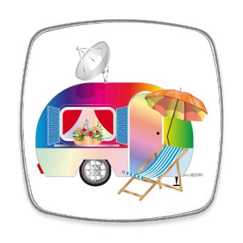 Bunter Retro-Wohnwagen mit Liegestuhl - Viereckiger Kühlschrankmagnet - Weiß - Vorne