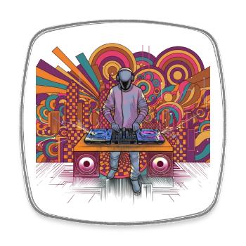 Futuristischer DJ im psychedelischen Hintergrund - Viereckiger Kühlschrankmagnet - Weiß - Vorne