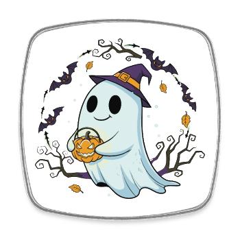 Whimsical Halloween Ghost with Pumpkin - Square fridge magnet - white - Front