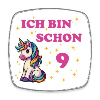 Children's Birthday 9, Dancing Funny Unicorn - Square fridge magnet - white - Front