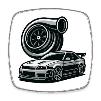 Detailreiche Automobil- und Turbinensilhouette - Viereckiger Kühlschrankmagnet - Weiß - Vorne