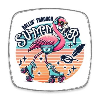 Rollin through Summer - Flamingo mit Rollschuhen - Viereckiger Kühlschrankmagnet - Weiß - Vorne