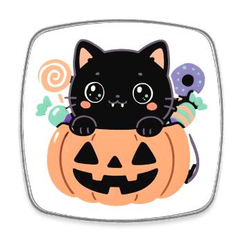 Chaton noir dans citrouille Halloween kawaii - Magnet carré - blanc - Devant
