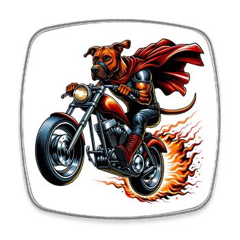 Chien super-héros avec cape sur moto avec flammes - Magnet carré - blanc - Devant