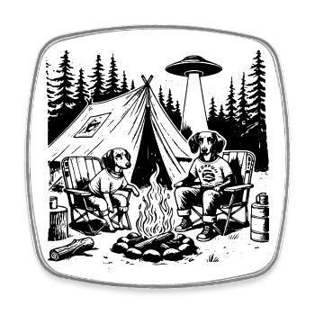 Lustige Dackel Camping UFO Abenteuer T-Shirt - Viereckiger Kühlschrankmagnet - Weiß - Vorne