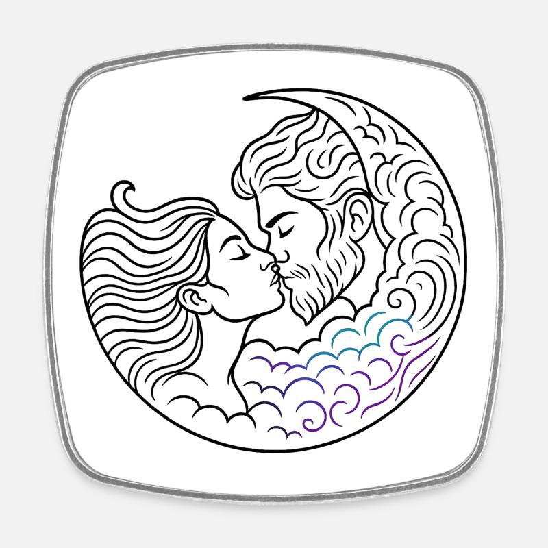 Baiser de lune avec arc ondulé embrassant couple d’amoureux - Magnet carré - blanc