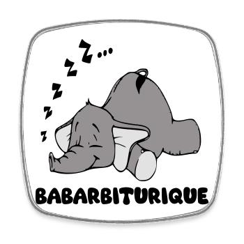 Sleeping Elephant with the title babarbituric - Square fridge magnet - white - Front
